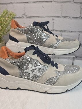 STEVEN BY STEVE MADDEN PRICE SILVER MULTI SNEAKERS GLITTER STAR SUEDE WOMENS 8